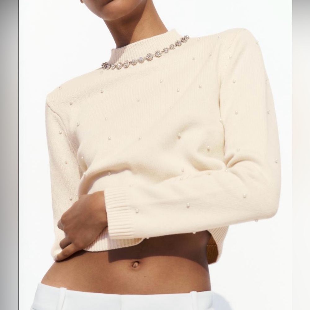 Zara Cream Sweater with Pearl Details
